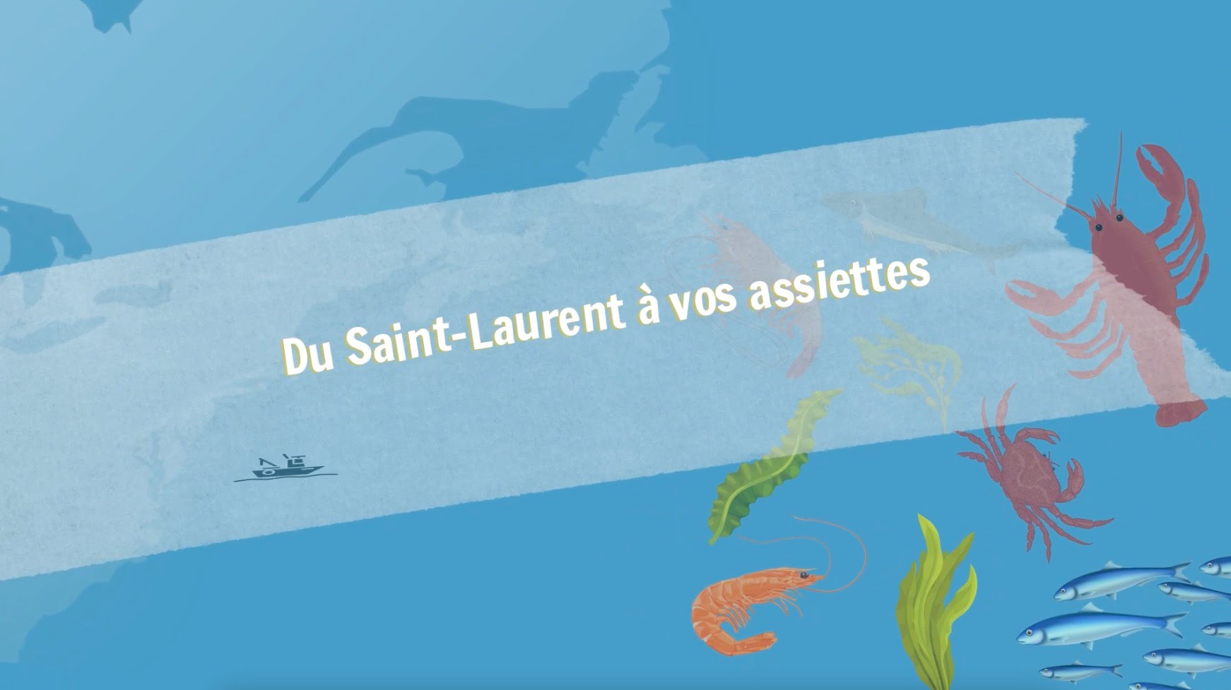 Illustration du Québec en fond transparent avec des espèces marines à droite. Au milieu, une phrase : " Du Saint-Laurent à vos assiettes".