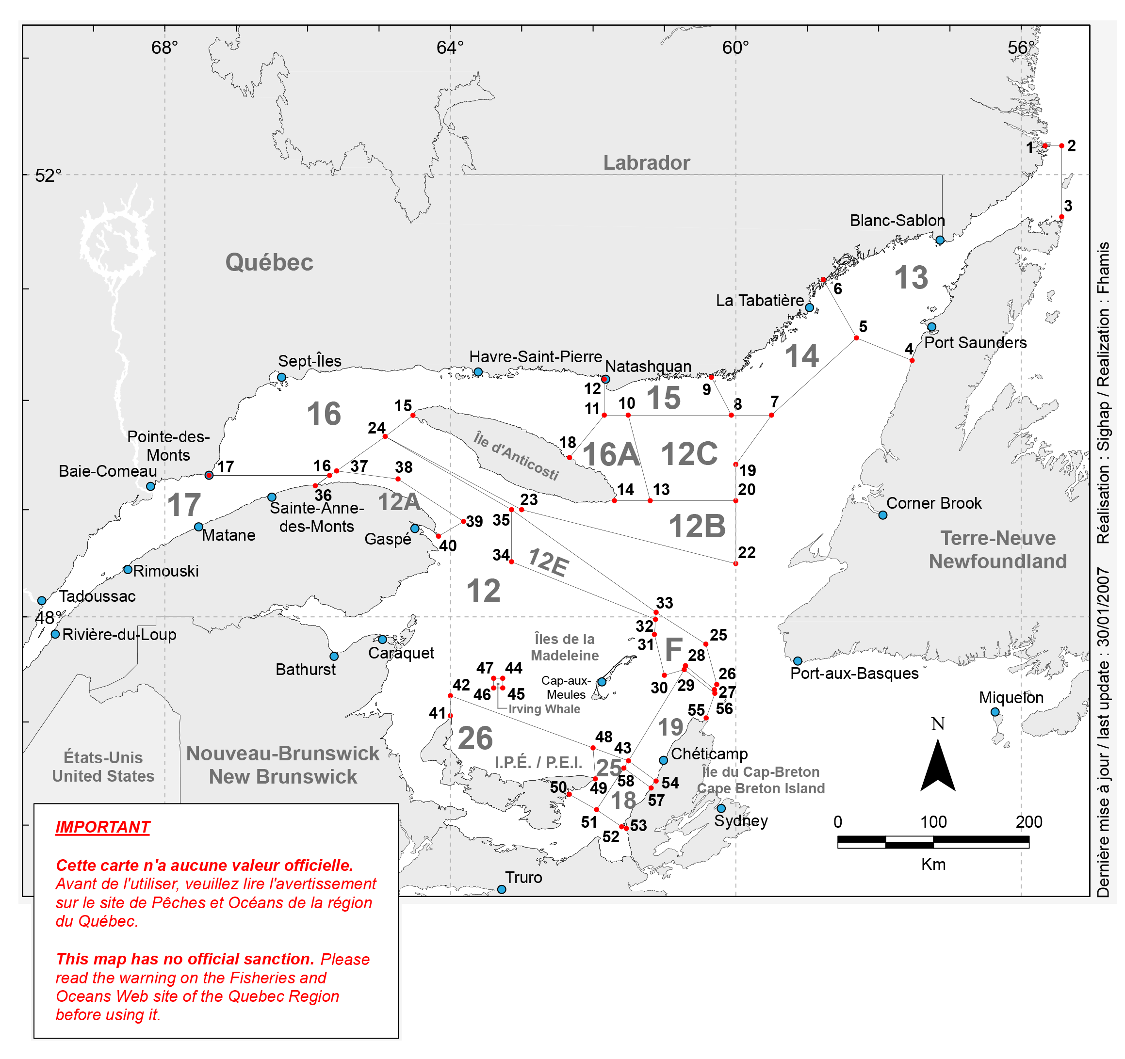 Carte des zones de pêche au crabe des neiges dans le golfe du Saint-Laurent.