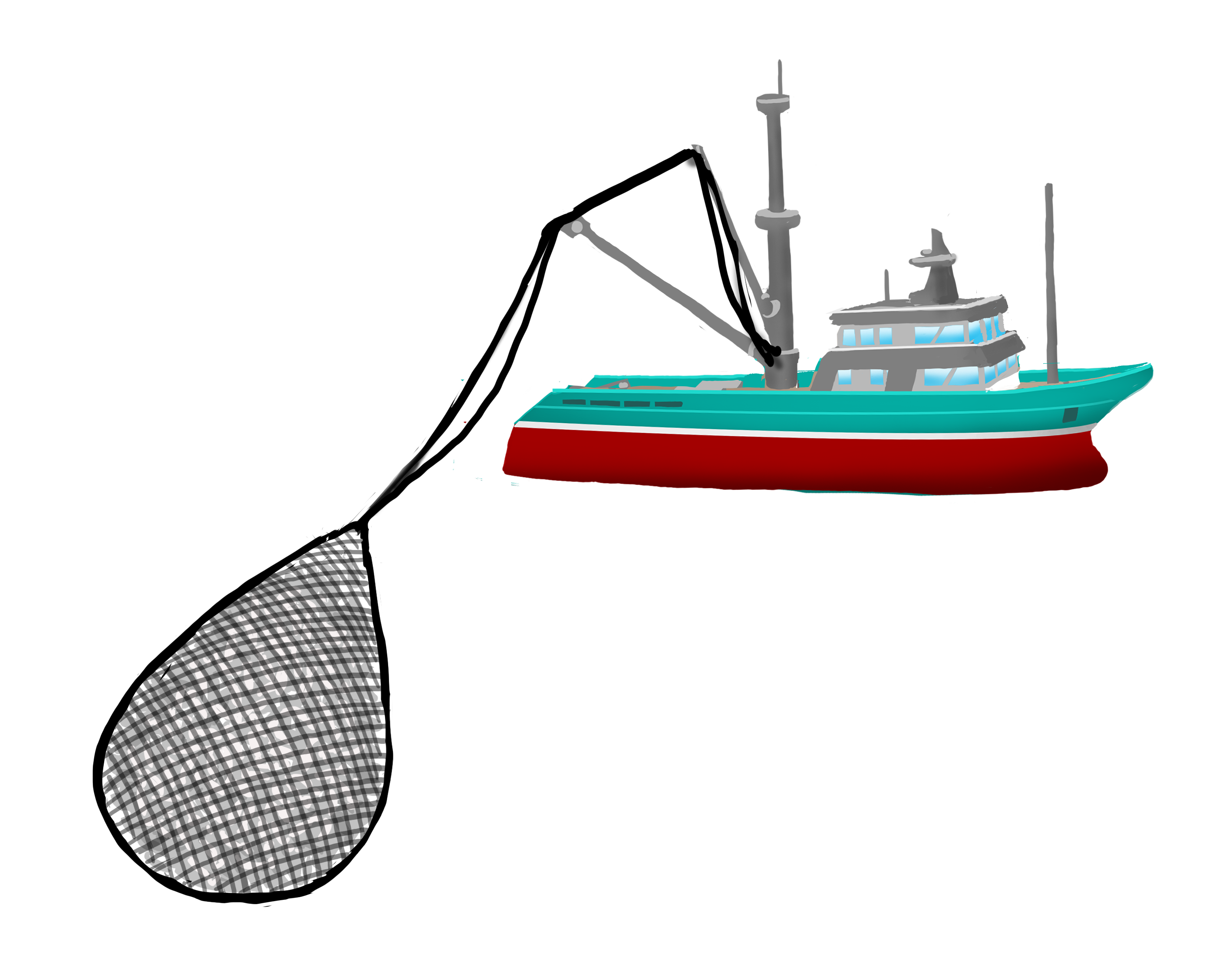 Illustration couleur d'un bateau de pêche remontant un filet plein de poissons.