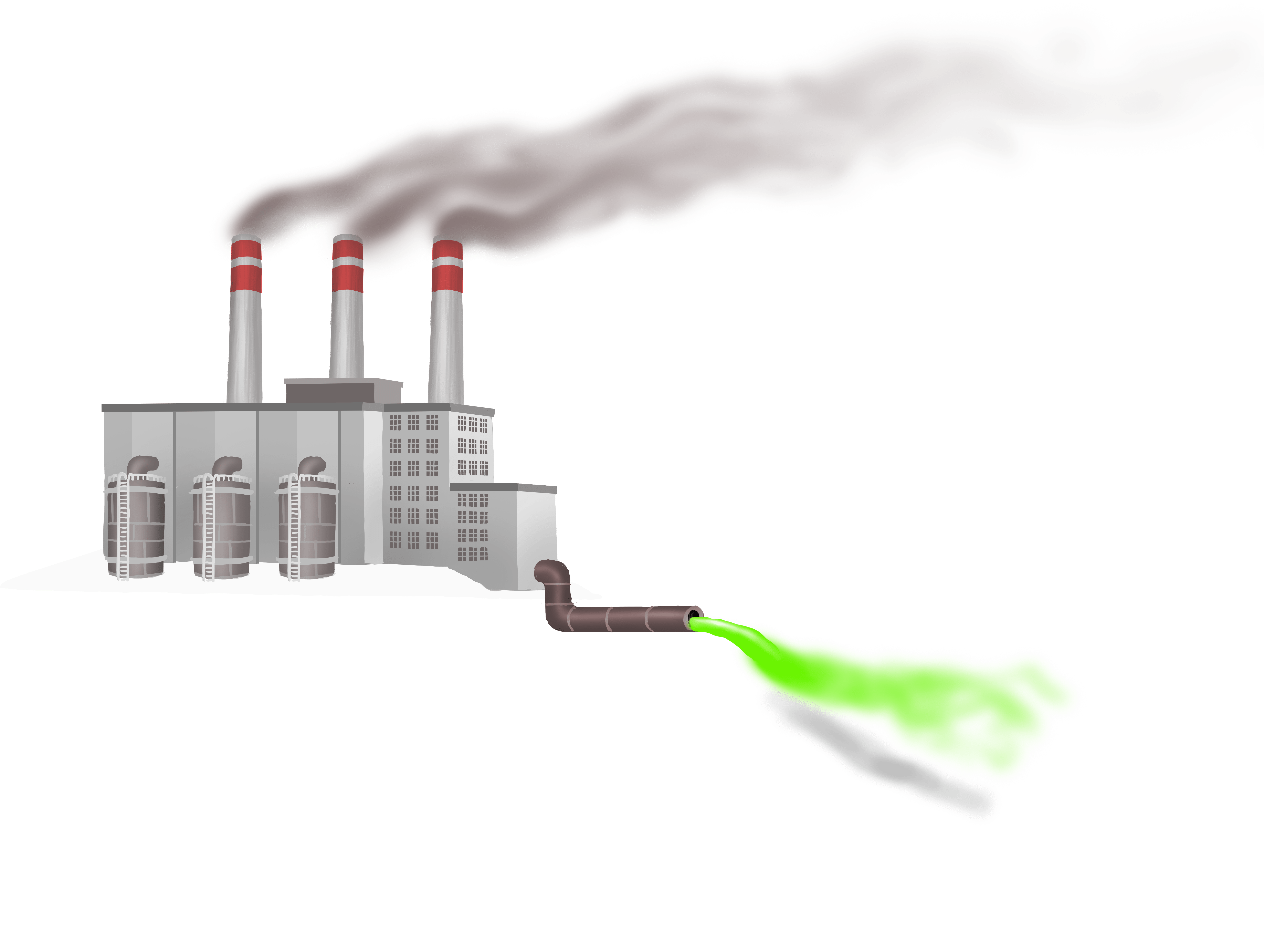 Illustration couleur d'une usine avec trois cheminées dont sort de la fumée. Un tuyau sur la droite de l'usine relâche une substance verte.